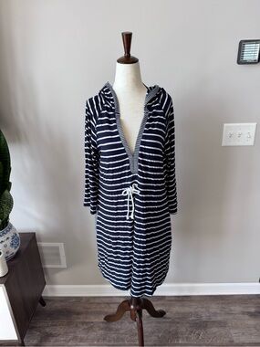 NWT! Blue Caribbean Navy and White Striped Hooded Swim Cover-Up